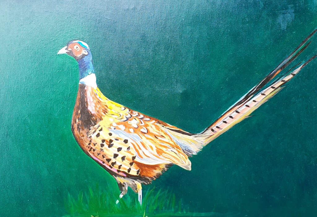 peinture acrylique représentant un faisan sur fond vert