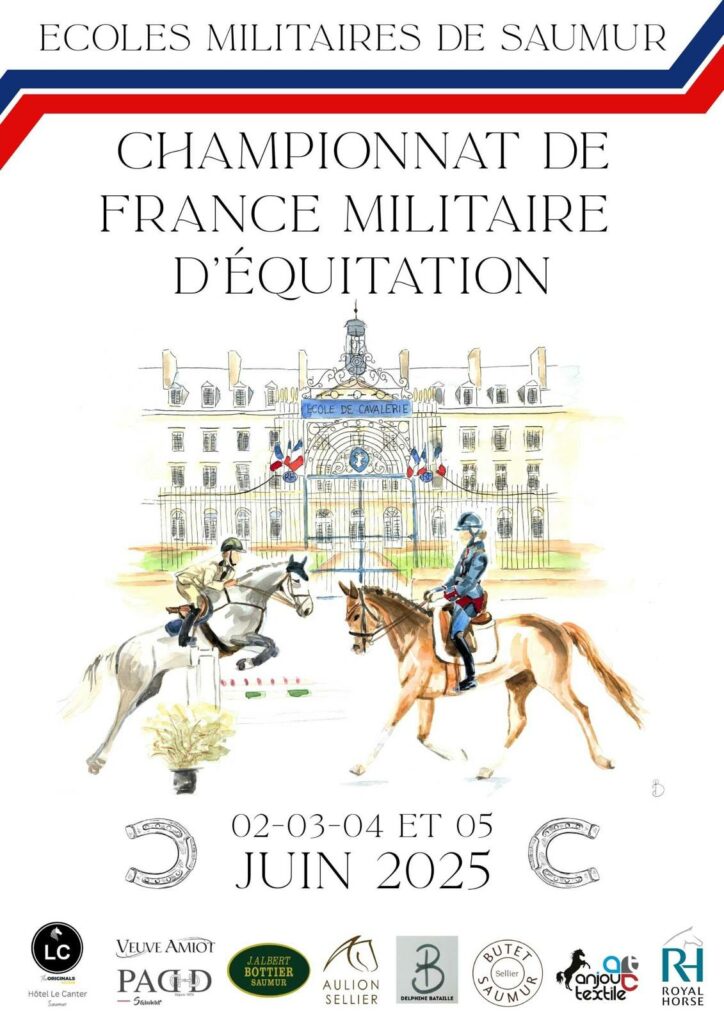 affiche réalisée pour l'armée avec l'école de cavalerie de Saumur et deux cavaliers militaires, un qui saute et un de dressage