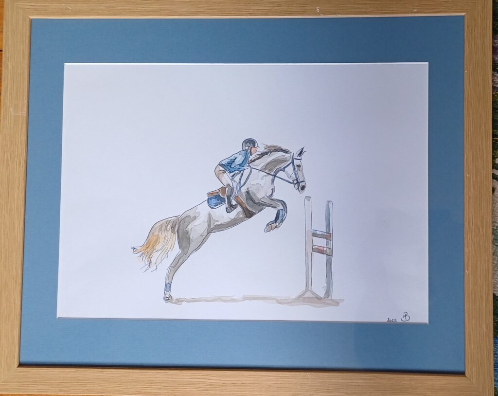cheval blanc gris qui saute avec cavalier bleu et passe-partout beige