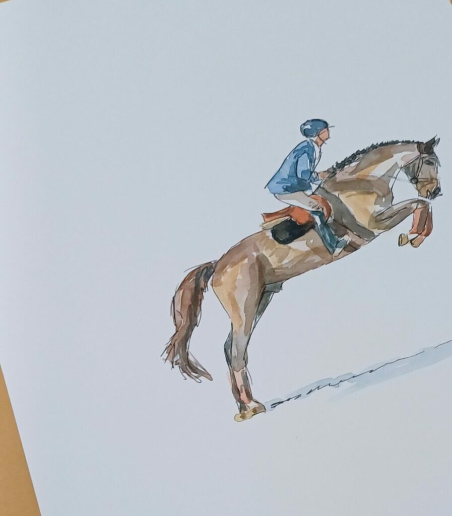 Aquarelle de cheval marron qui saute avec un cavalier bleu