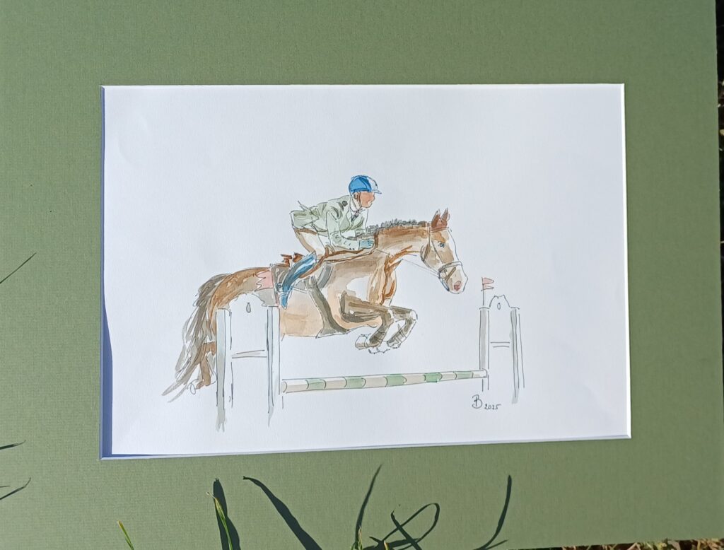 aquarelle de cheval marron monté par un militaire en tenue terre de france avec un passe-partout vert kaki