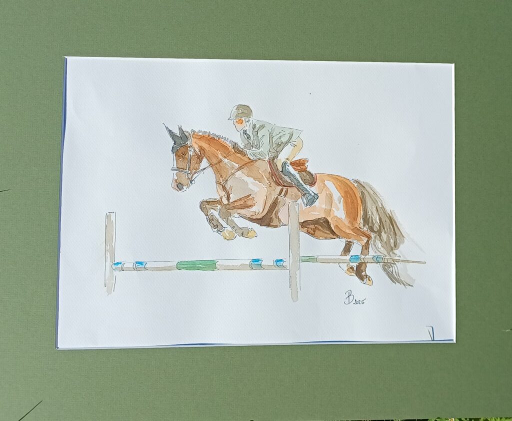 Militaire en tenue terre de France qui saute à cheval aquarelle et crayon noir