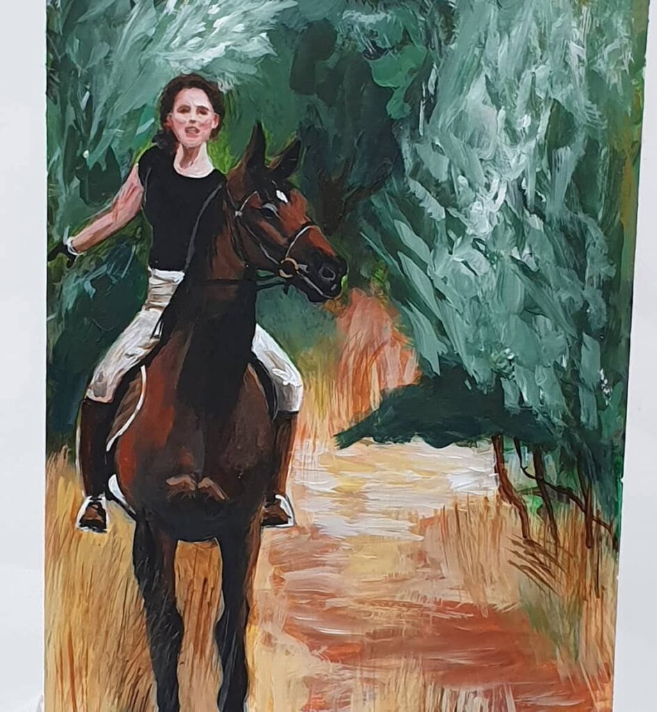 Flavie à cheval jolie cavalière dans la campagne acrylique sur papier