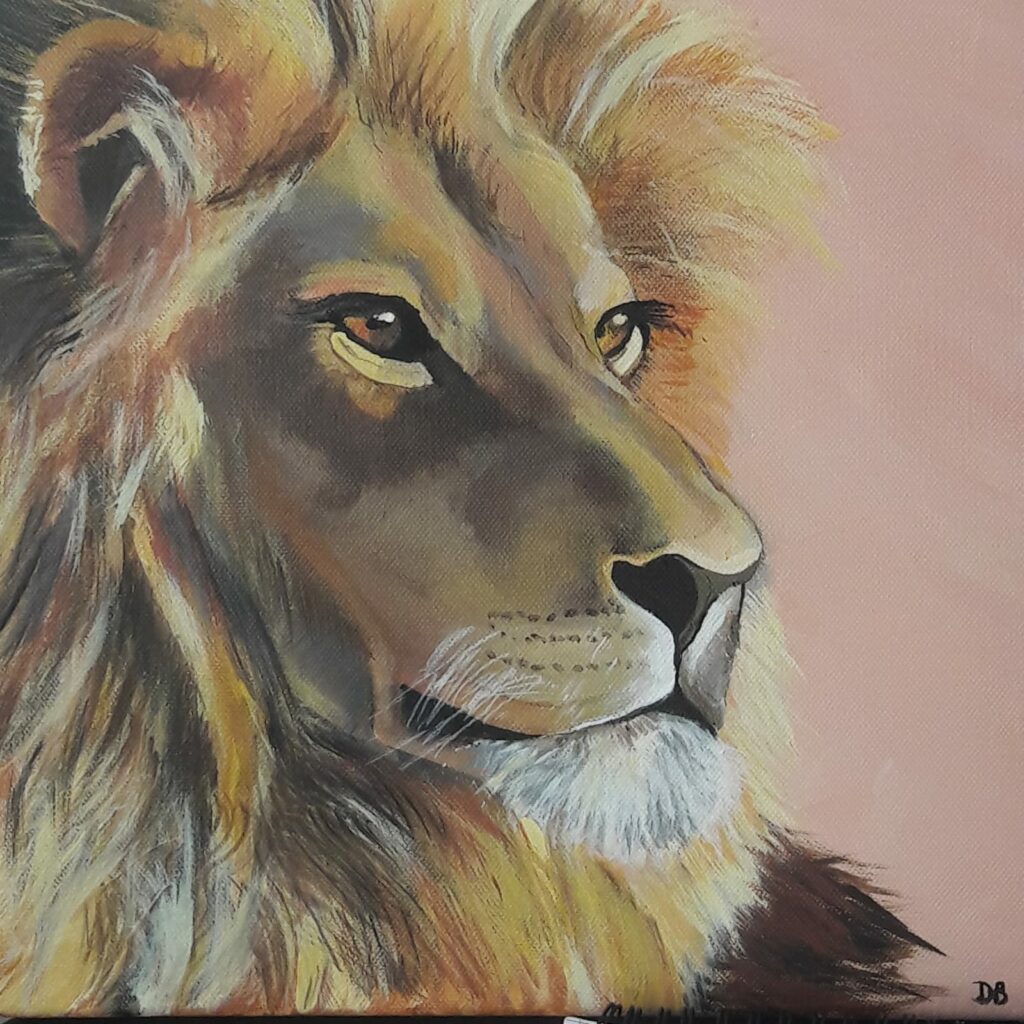 portrait de lion sur fond rose