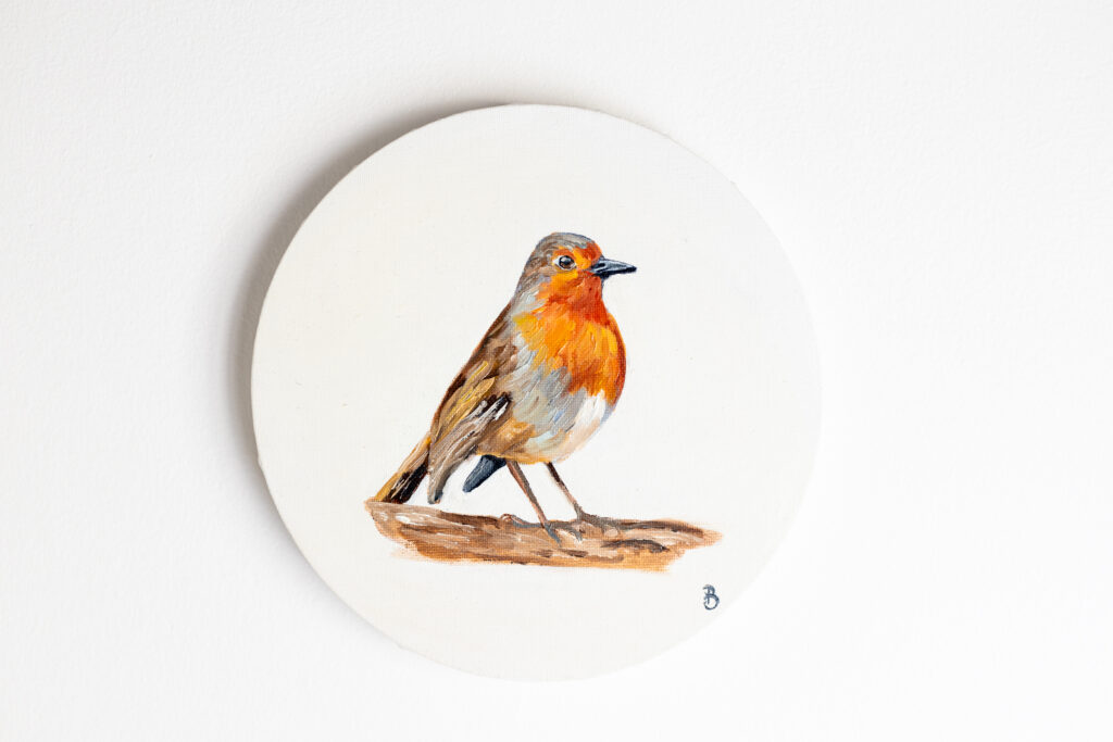 petit rouge gorge très mignon peint sur toile ronde