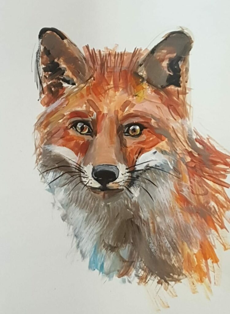 Portrait de renard roux et rusé à l'acrylique sur papier