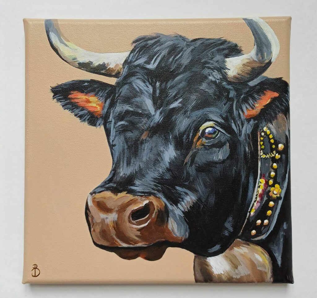 peinture acrylique portrait de vache suisse noire avec cloche autour du cou et fond rosé
