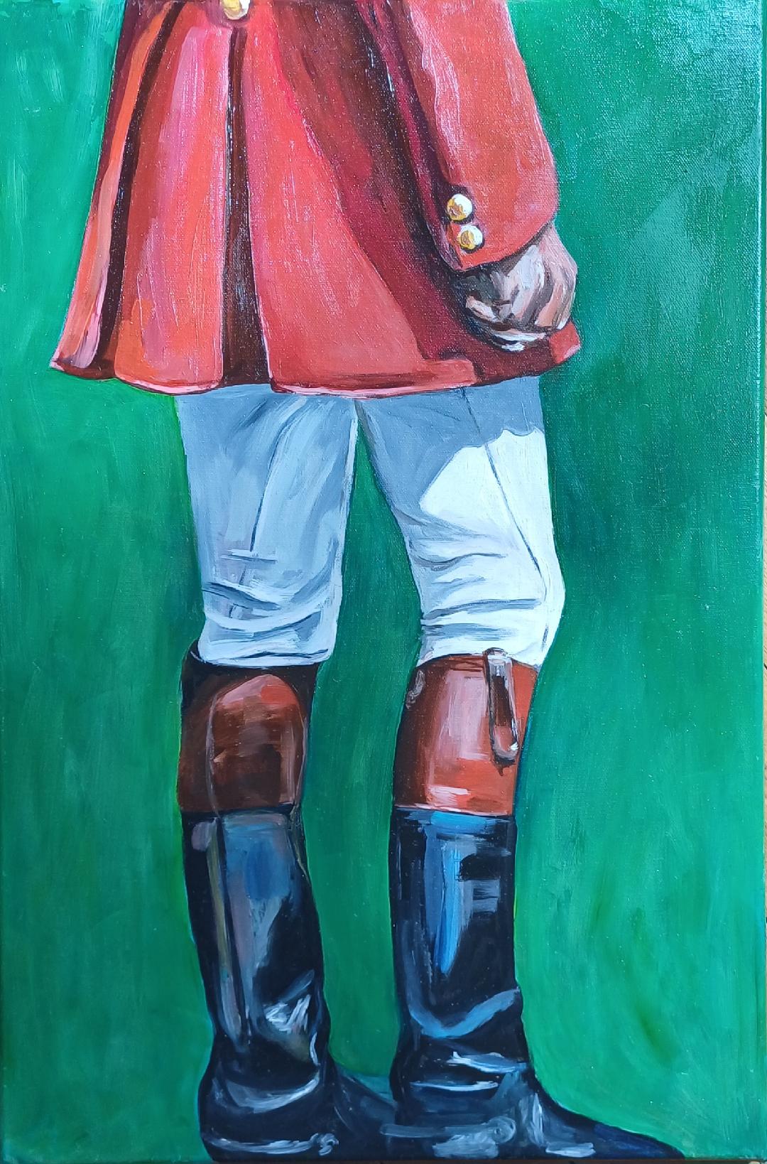peinture à l'huile d'un veneur avec des grandes bottes d'équitation les couleurs dominantes sont rouge et verte