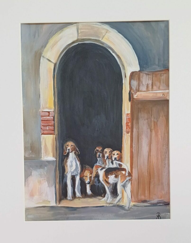 peinture acrylique de chien de chasse dans leur chenil