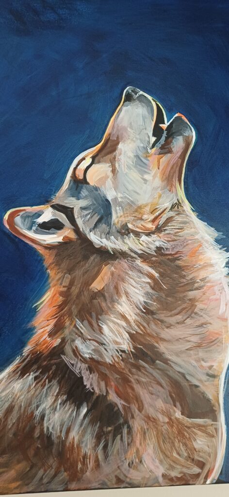 peinture de loup de profil qui hurle dans la nuit sur fond bleu marine