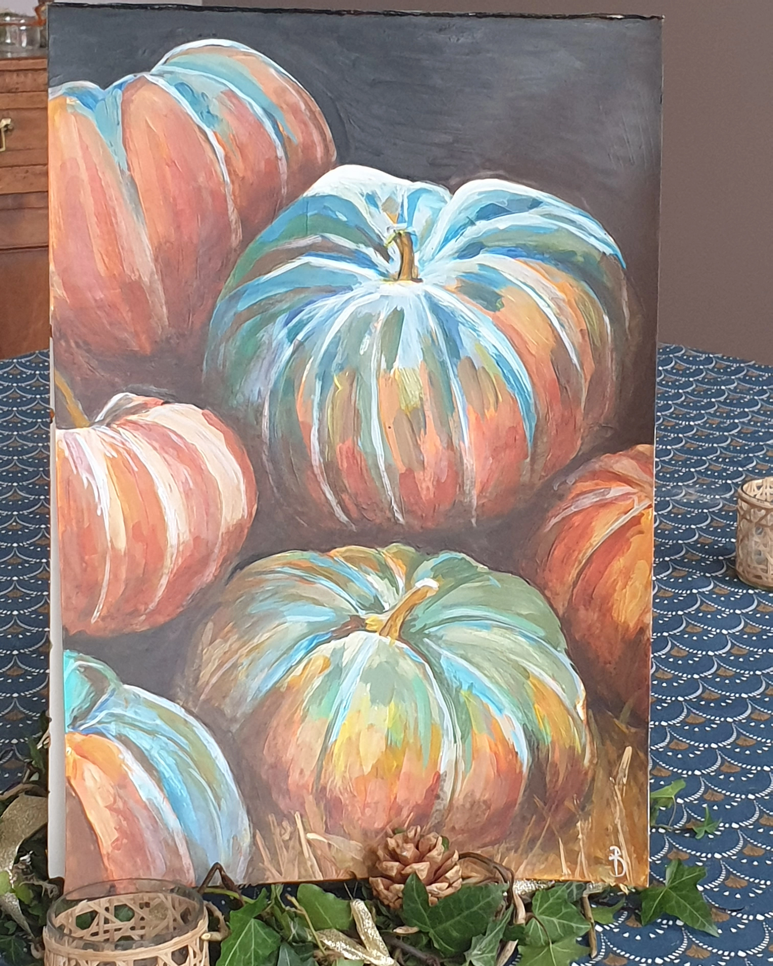 courges colorées peintes sur papier aux couleurs orangées bleues vertes