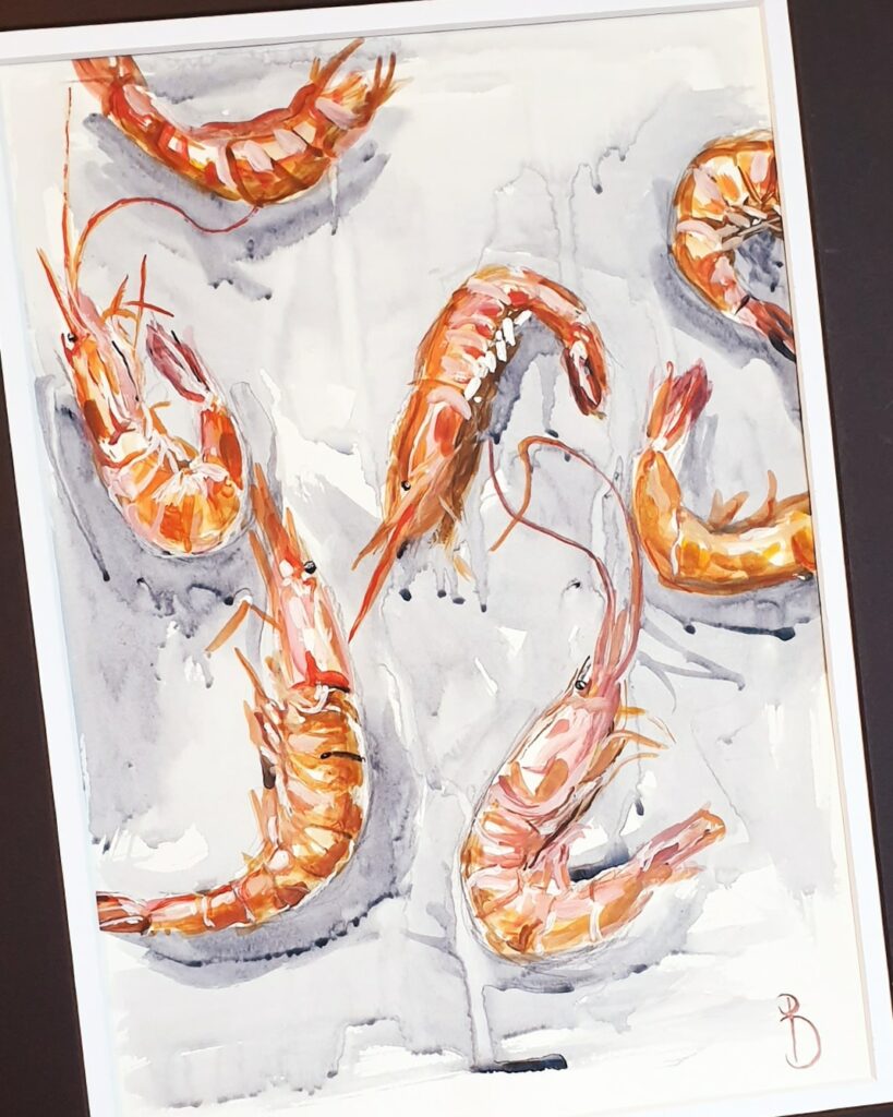 peinture de crevettes roses et orangées à l'acrylique