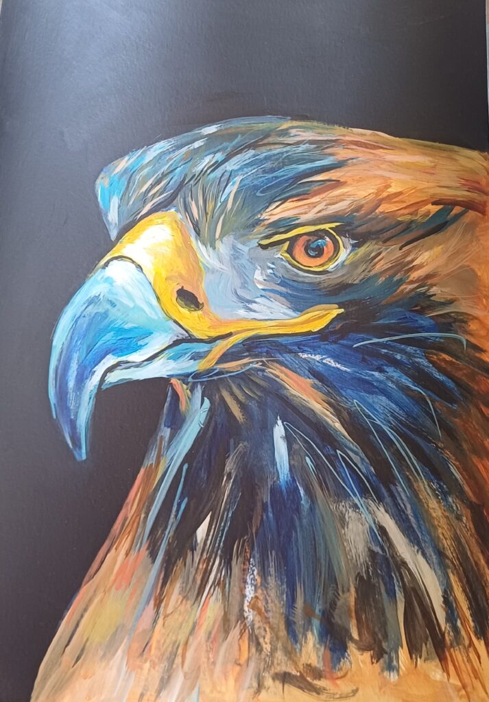 Portrait d'aigle bleu au regard perçant à l'acrylique sur papier