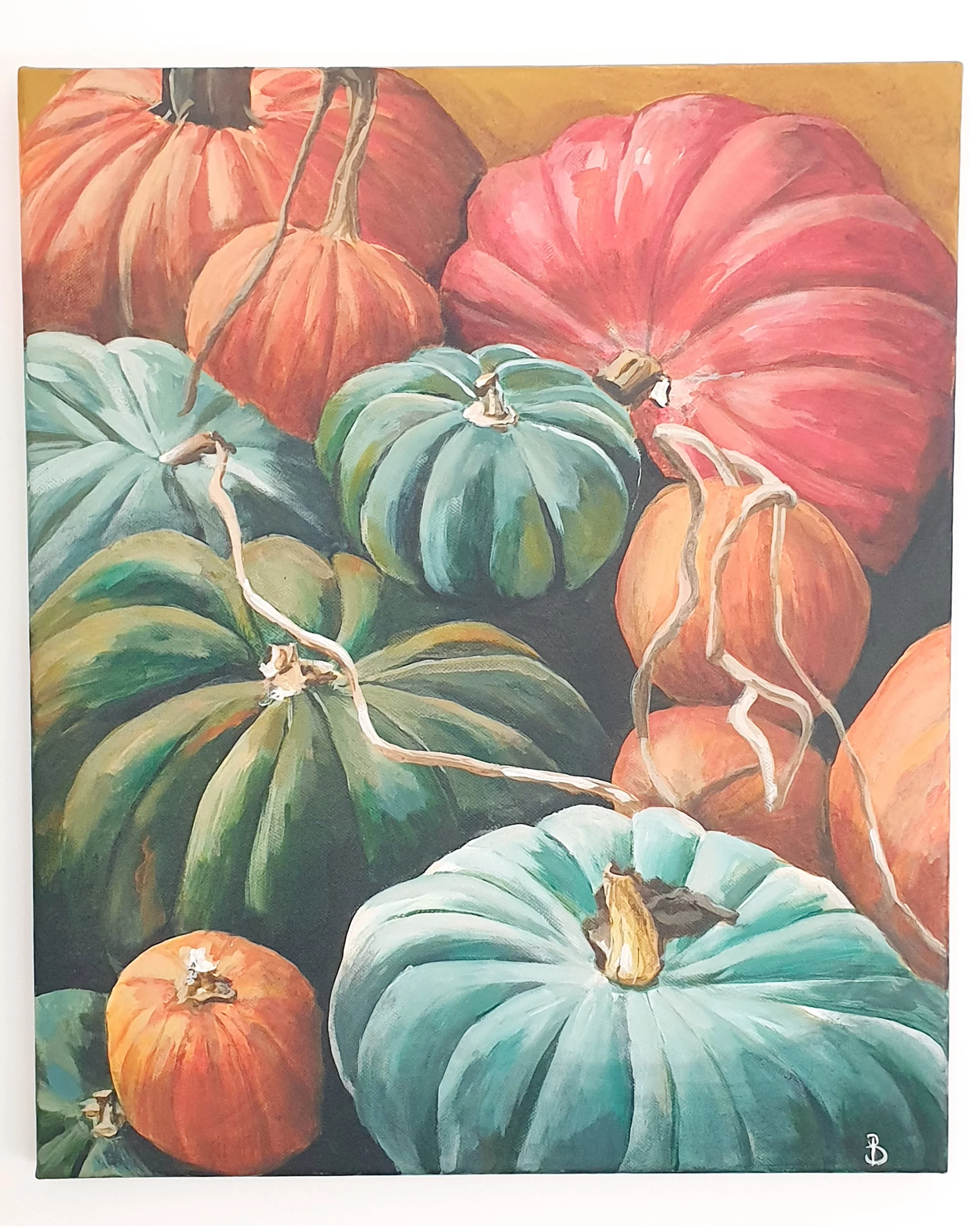 courges et potironsde toutes les couleurs orange vertes et rouge peinture sur toile