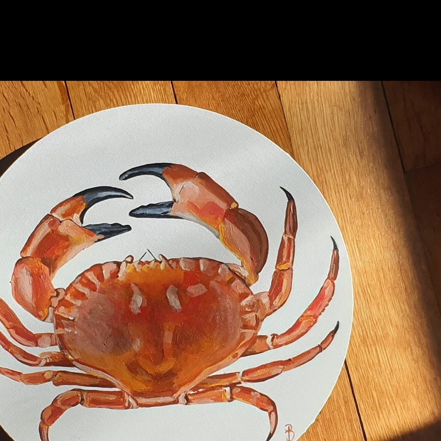 crabe orangé sur une toile ronde