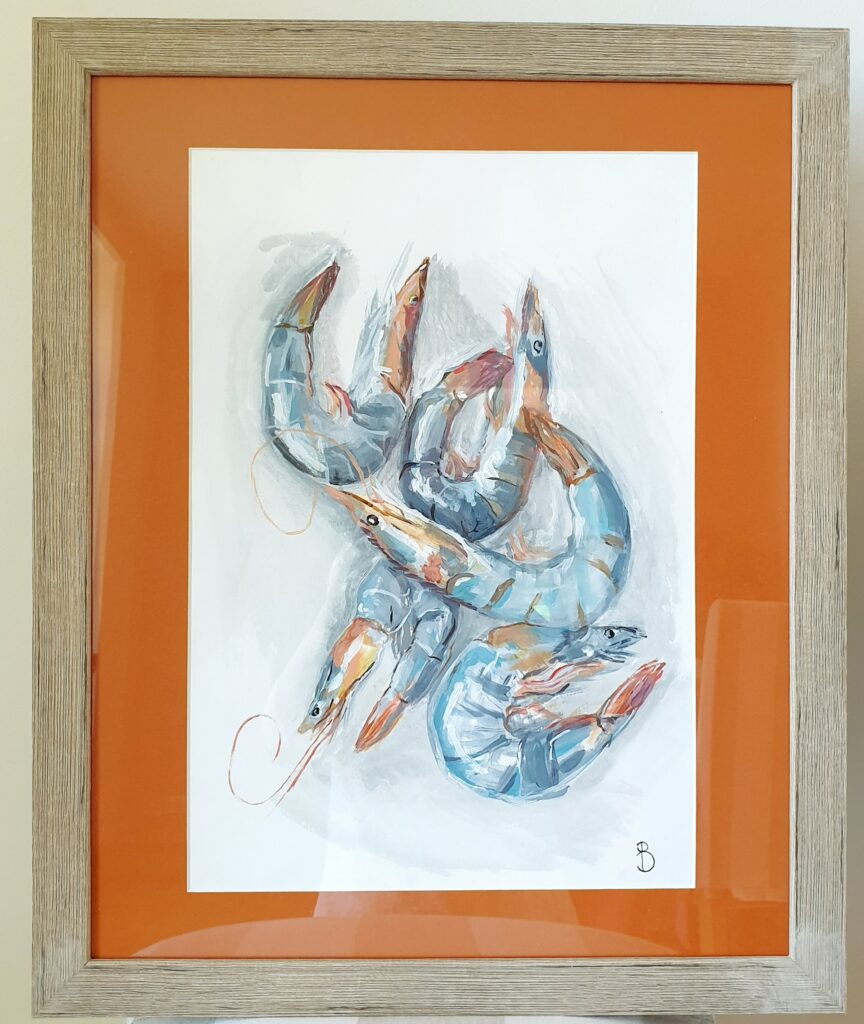 peinture à l'acrylique de crevettes bleues et orangées encadrée en orange