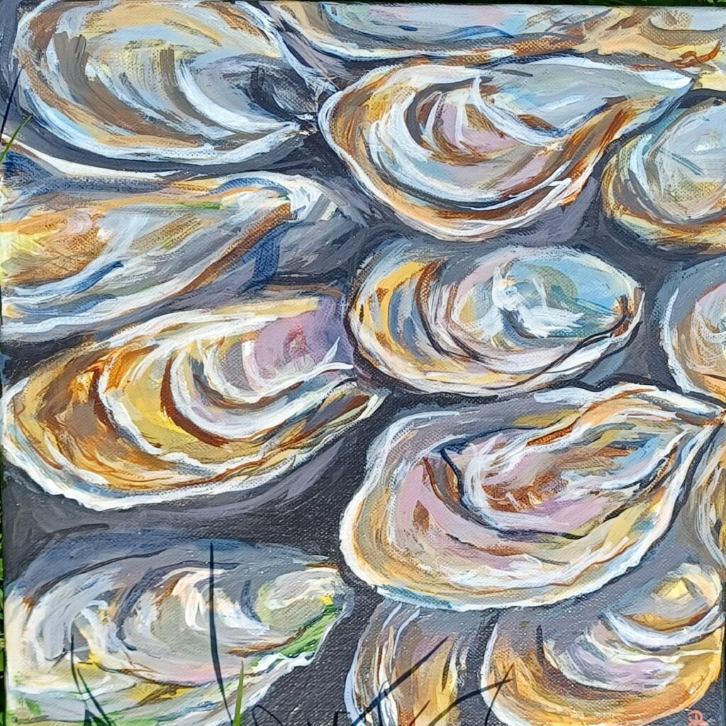 huitres les unes sur les autres colorées sur une toile carrée