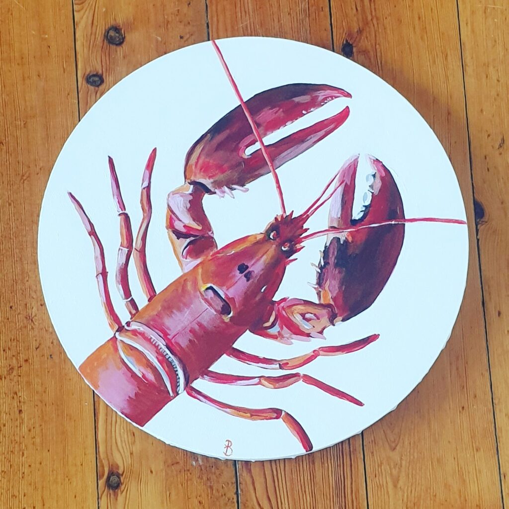 peinture sur toile ronde d'un homard rouge à l'acrylique