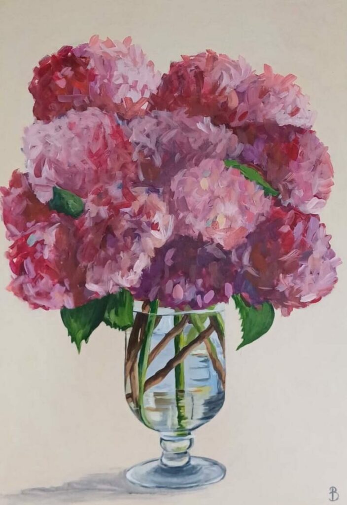 peinture d'hortensias roses dans un vase