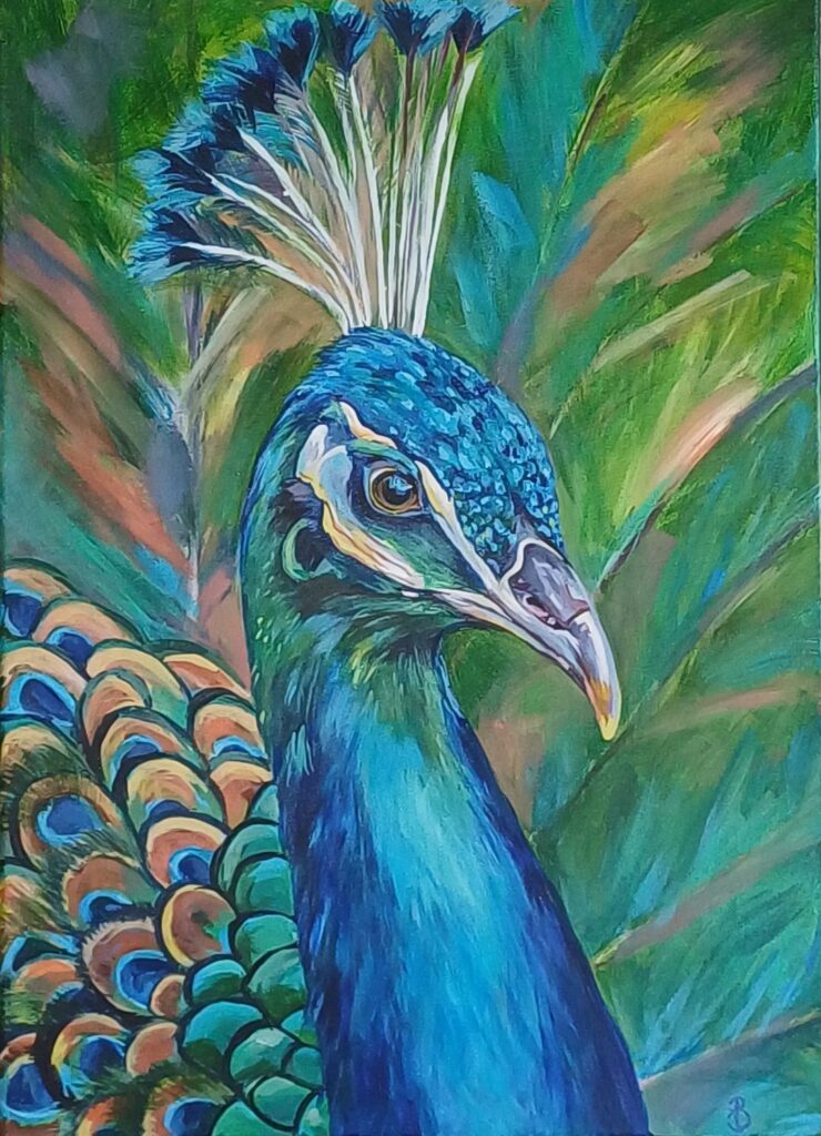 toile peinte à l'acrylique et qui représente un portrait de paon qui nous regarde droit dans les yeux