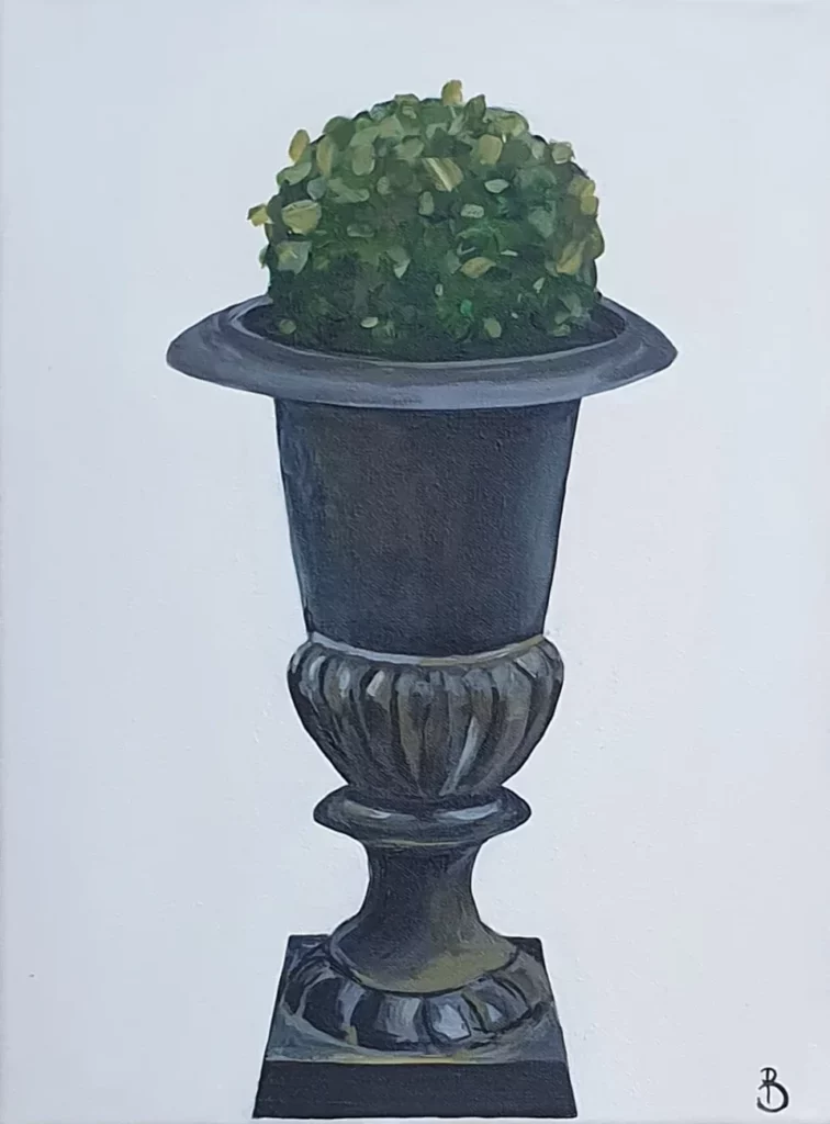 peinture très classique d'une Boule de buis dans vase Médicis noir