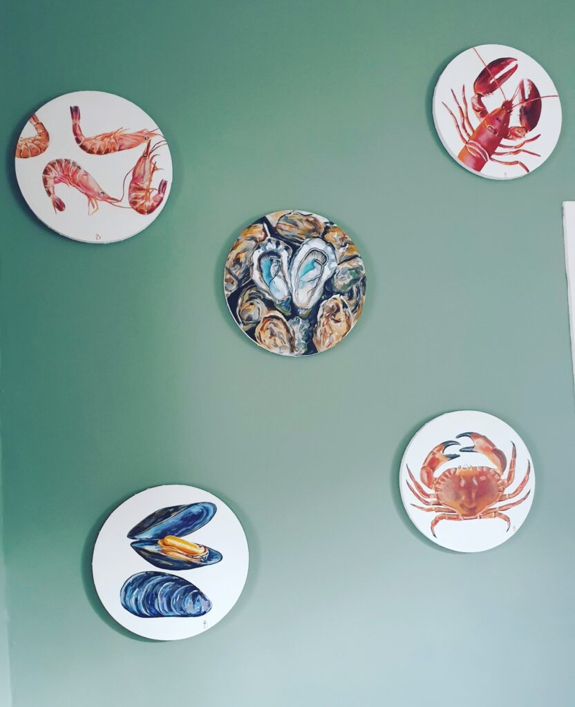 crustacés peints sur toiles rondes à l'acrylique