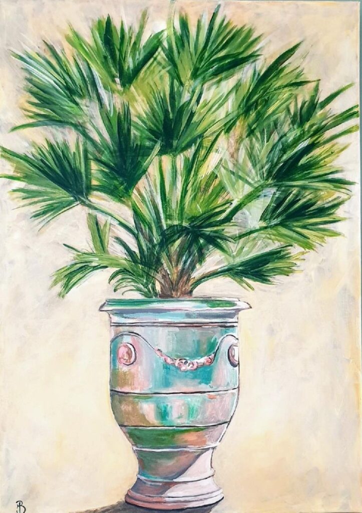 Palmier dans pot d'Anduze à l'acrylique sur grande toile