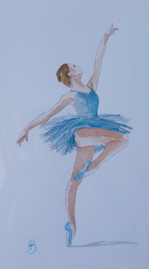 danseuse tutu bleu qui saute peinte à l'aquarelle