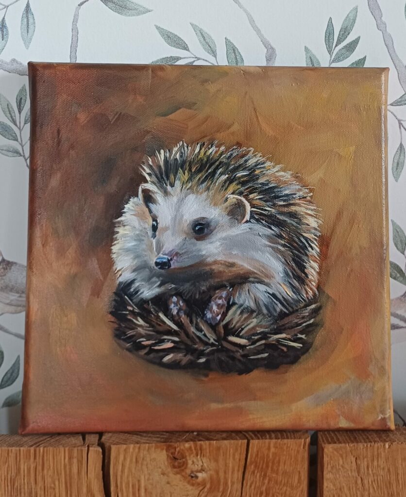 petite toile avec un hérisson mignon très automnal peint à l'huile